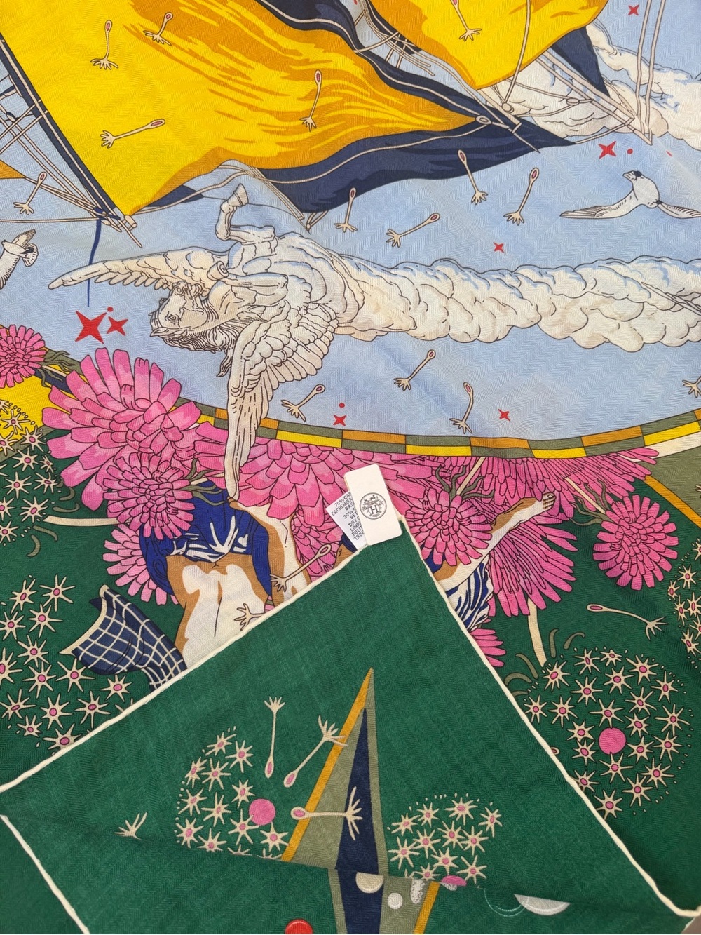 Hermes Green Silk Pocket Square with Pink, Blue and Cream Accents - Picture 5 of 10